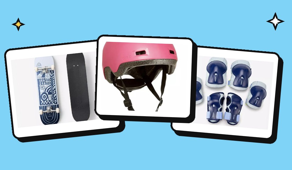 Decathlon skateboard, helmet and pads