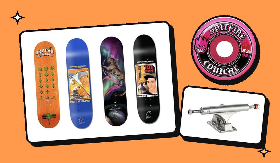 Thai skateboard decks, a wheel and a truck from Tightland BKK